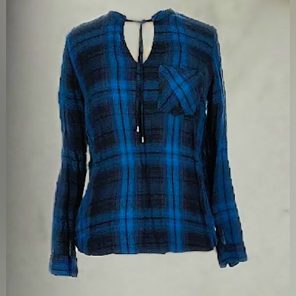 JESSICA SIMPSON || Button Down V-Neck Tie Top in Blue/Black Plaid - SZ XS ✨NWT✨